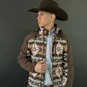 Men's Dark Brown Aztec Printed Softshell Jacket, Denim-Inspired Cowboy Tops-Coats-Shirts Style, PRM029RZY6