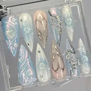 Mermaid 3D Gel Blue Almond Press On Nails, Handpainted Fake Nail, Holiday Nails Art