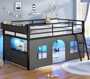 Sikaic Low Loft Bed Twin Size with Tent, 5 Storage Drawers, LED Lights, Metal Kids Loft Bed with Bookcase & Under-Bed Play Space, Twin Loft Beds with 13.8''H Safety Guardrail, Inclined Ladder summervibes