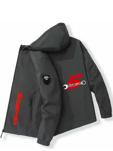 Daily Street Essential! Polyester Fiber Snap-On Hooded Jacket, Number 5 + Wrench Pattern, Soft Breathable Fabric, Loose Fit, Casual Vibe