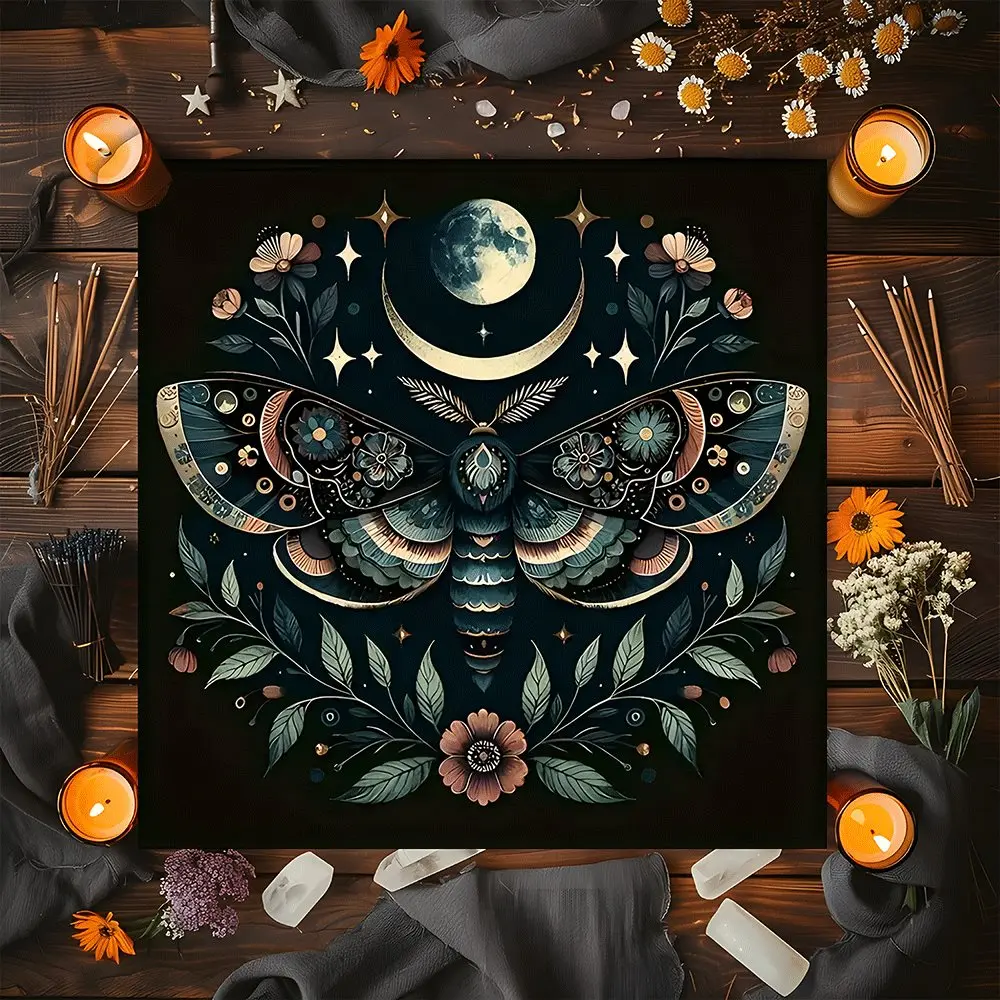 Mystical gorgeous Moth Moon Phase Design Square Tarot Card Tablecloth, Witch-style home decor Altar Cloth Multiple Sizes Polyester Fabric, Easy to Clean and Maintain Decorative Divination Cloth for Spreads & Rituals Gift for family and friends