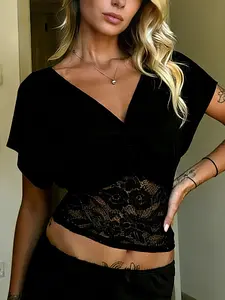 Elegant European Style Chic Batwing Sleeve Deep V Neck Waist Cinching Top, Sexy Sheer Lace Patchwork Belted T-Shirt, Summer Versatile Solid Color Short Sleeve
