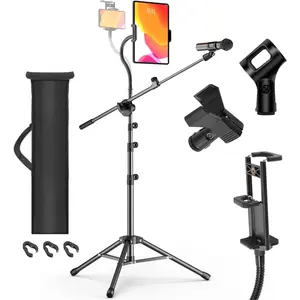 Microphone Stand with IPAD Clip, Floor Foldable Mic Stand with Phone Clip,Heavy Duty Tripod Boom Arm with 2 Mic Clips and Carrying Bag for Singing Karaoke Stage