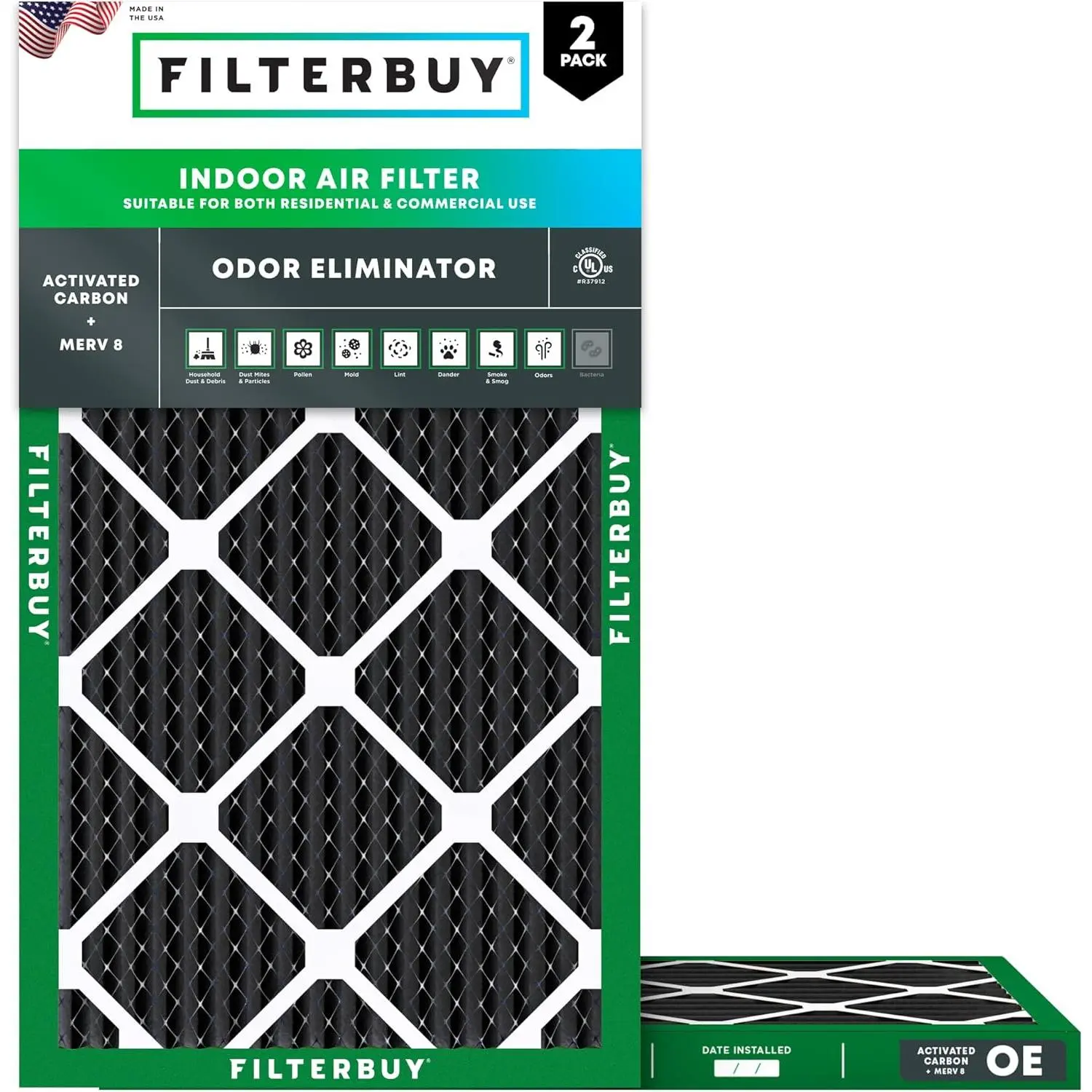 Filterbuy 12x20x1 Air Filter (2-Pack), Pleated MERV 8 Odor Eliminator HVAC AC Furnace Air Filters (Actual Size: 11.50 x 19.50 x 0.75 Inches)
