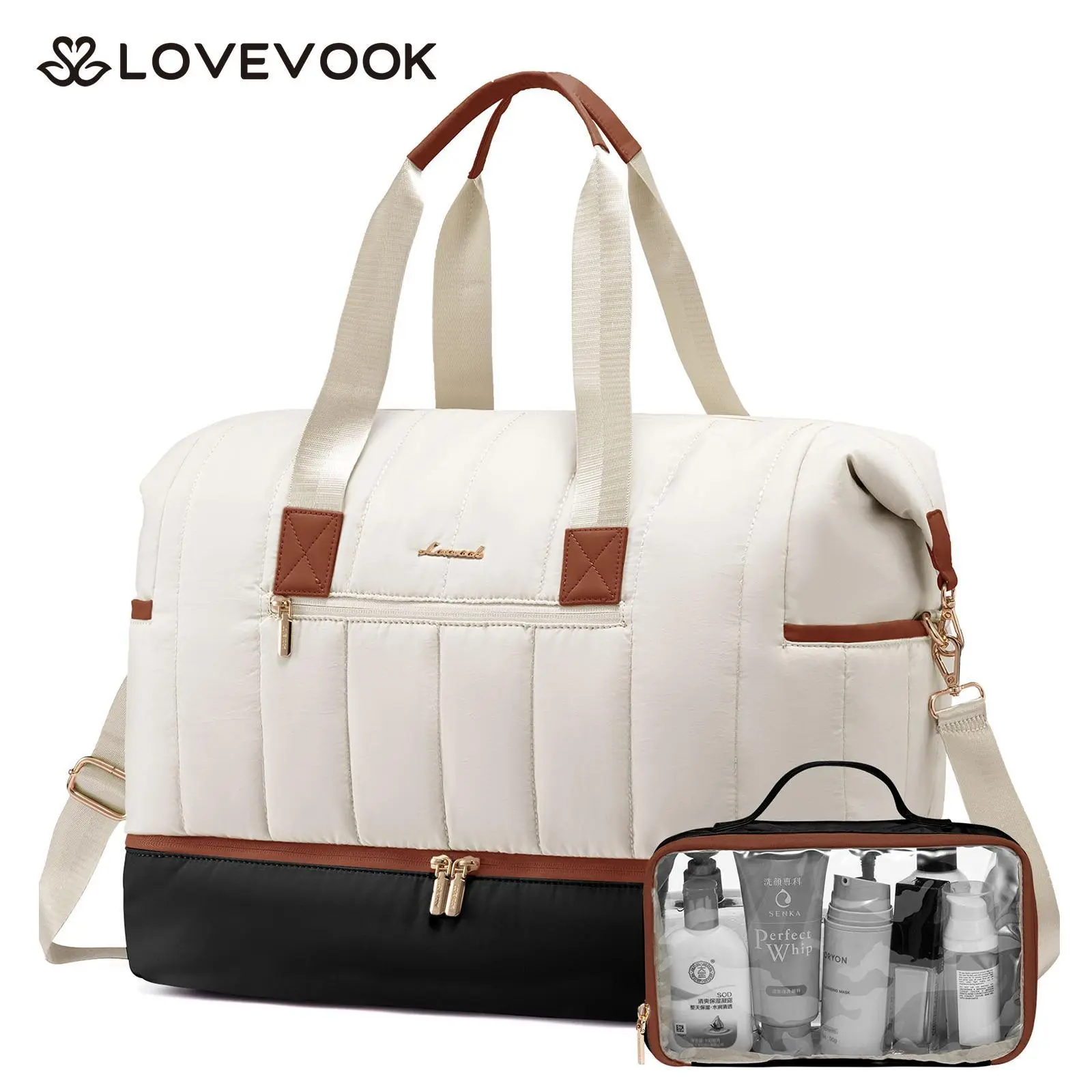 LOVEVOOK Travel Duffle Bag 2Pcs Set, Puffer Weekender Bags For Women with Shoe Compartment,42L Carry On Duffel Bags For Airplanes,Hospital Bag for Labor and Delivery,Overnight Bag With Toiletry Bag
