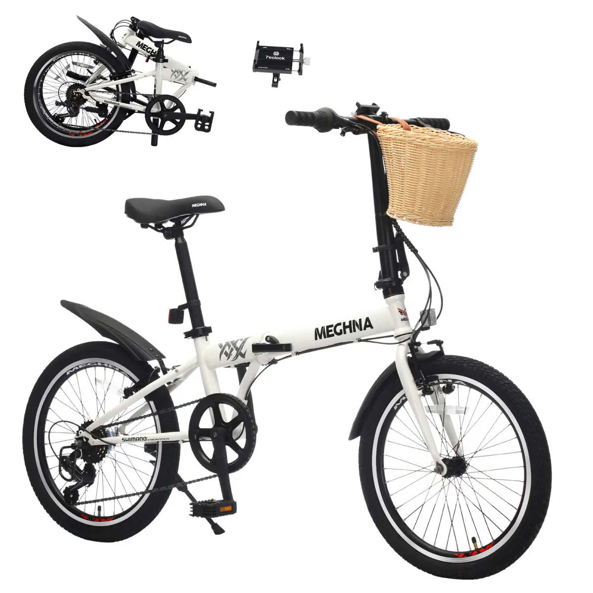 20 Inch Folding Bike for Adults with Basket, Phone Holder & Fenders, Steel Frame 6-Speed City Commuter, Dual V-Brake Portable Compact Bicycle for Men & Women