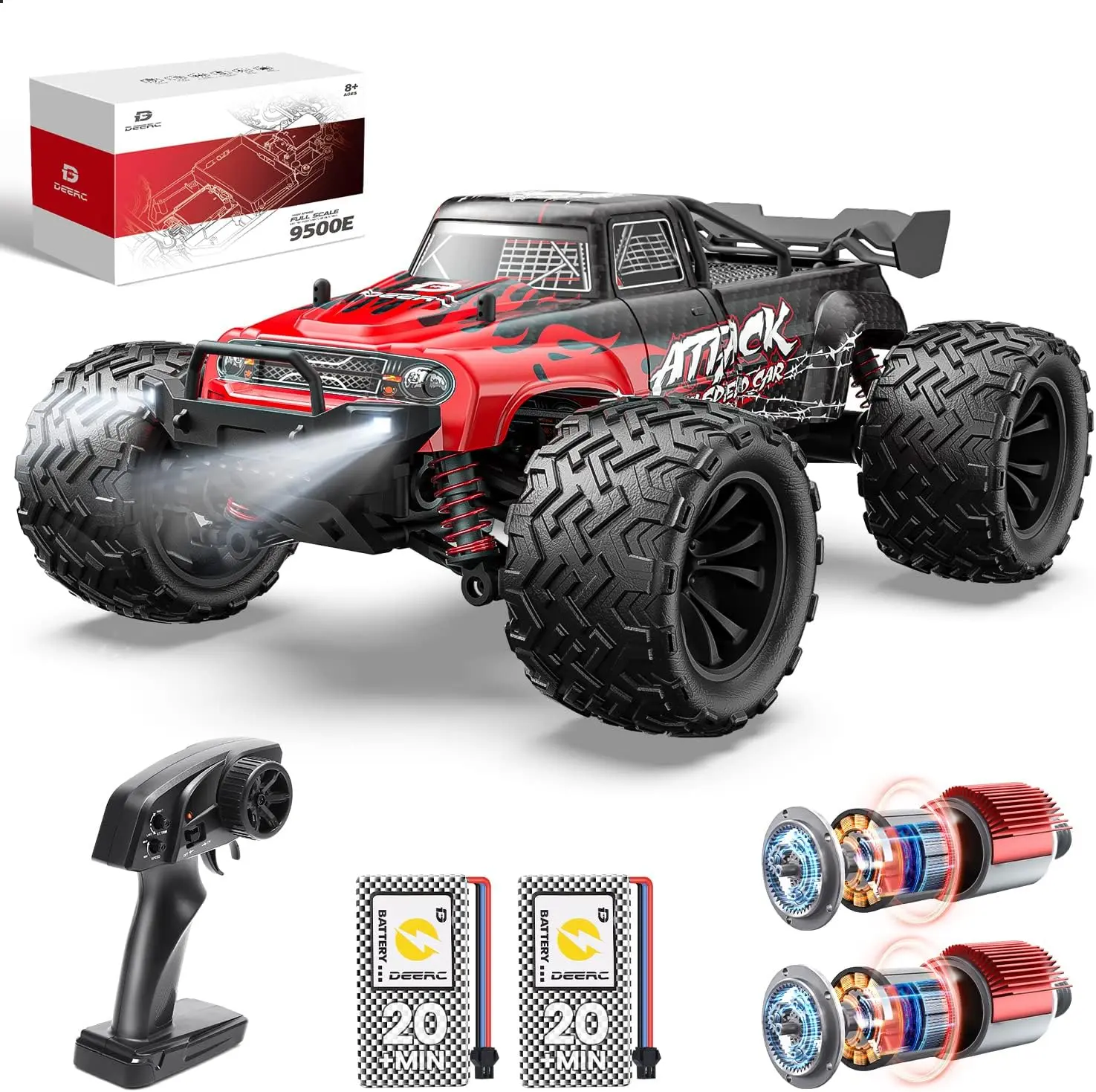 DEERC 1:16 Scale 4WD Fast RC Car - 40+ km/h High-Speed All-Terrain Off-Road Monster Truck, 2.4GHz Remote RC Model Car with Lights, 2 Batteries for 40 Mins Runtime, Toy Gift for Kids & Adults