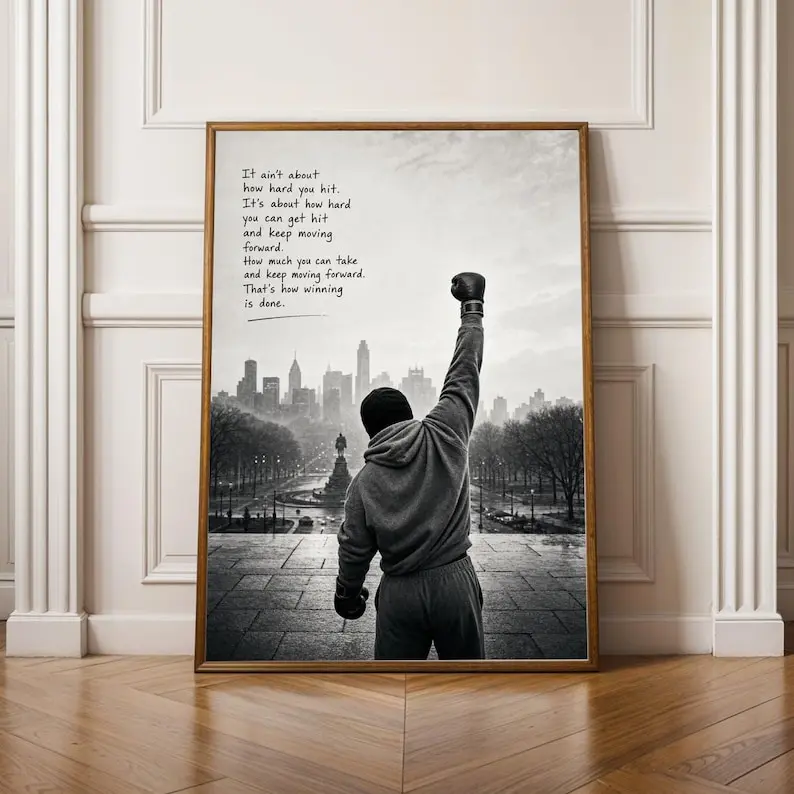 Rocky Balboa Poster - Modern Cinematic Monochrome, Black and Light Gray Charcoal Shading - Poster Print Unframed