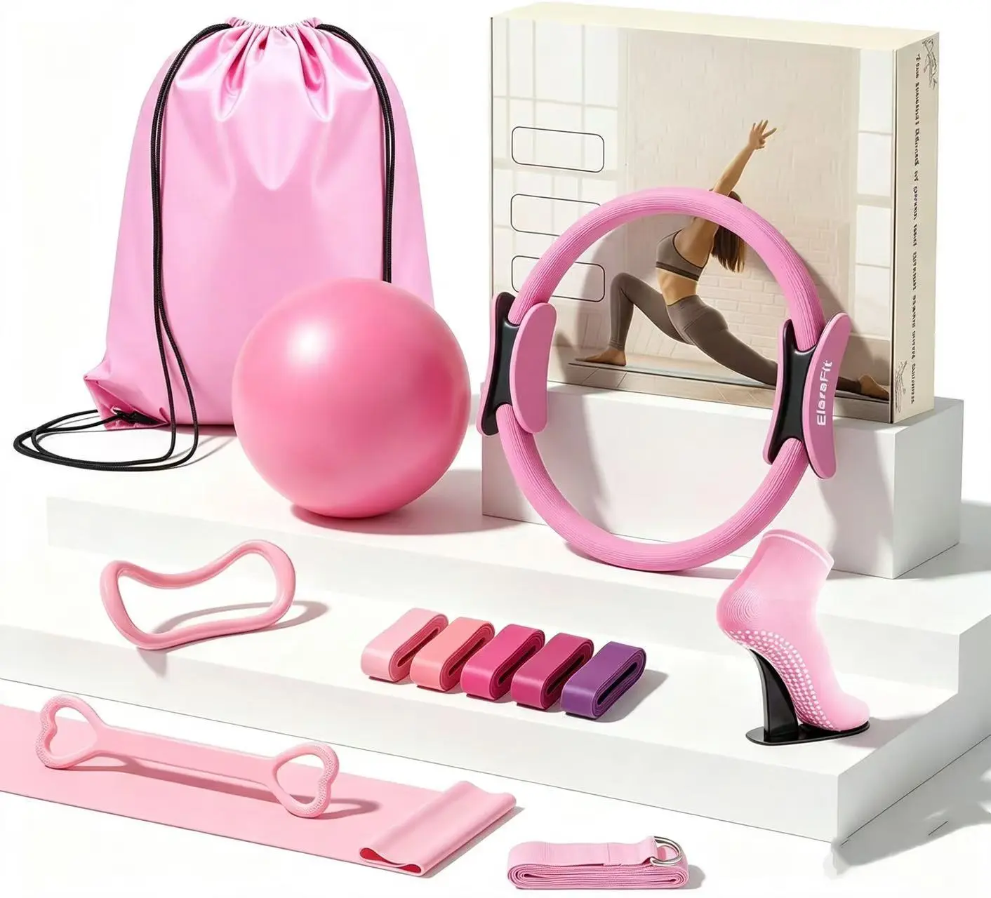 WVCS Pilates Starter Kit for Women – 14'' Ring, Mini Ball, 5 Resistance Bands, Reversible Mats, Stretch Rope & Tutorial Charts, Portable All-in-One Home Workout Set for Beginners, Full Body Fitness, Yoga, Home Gym