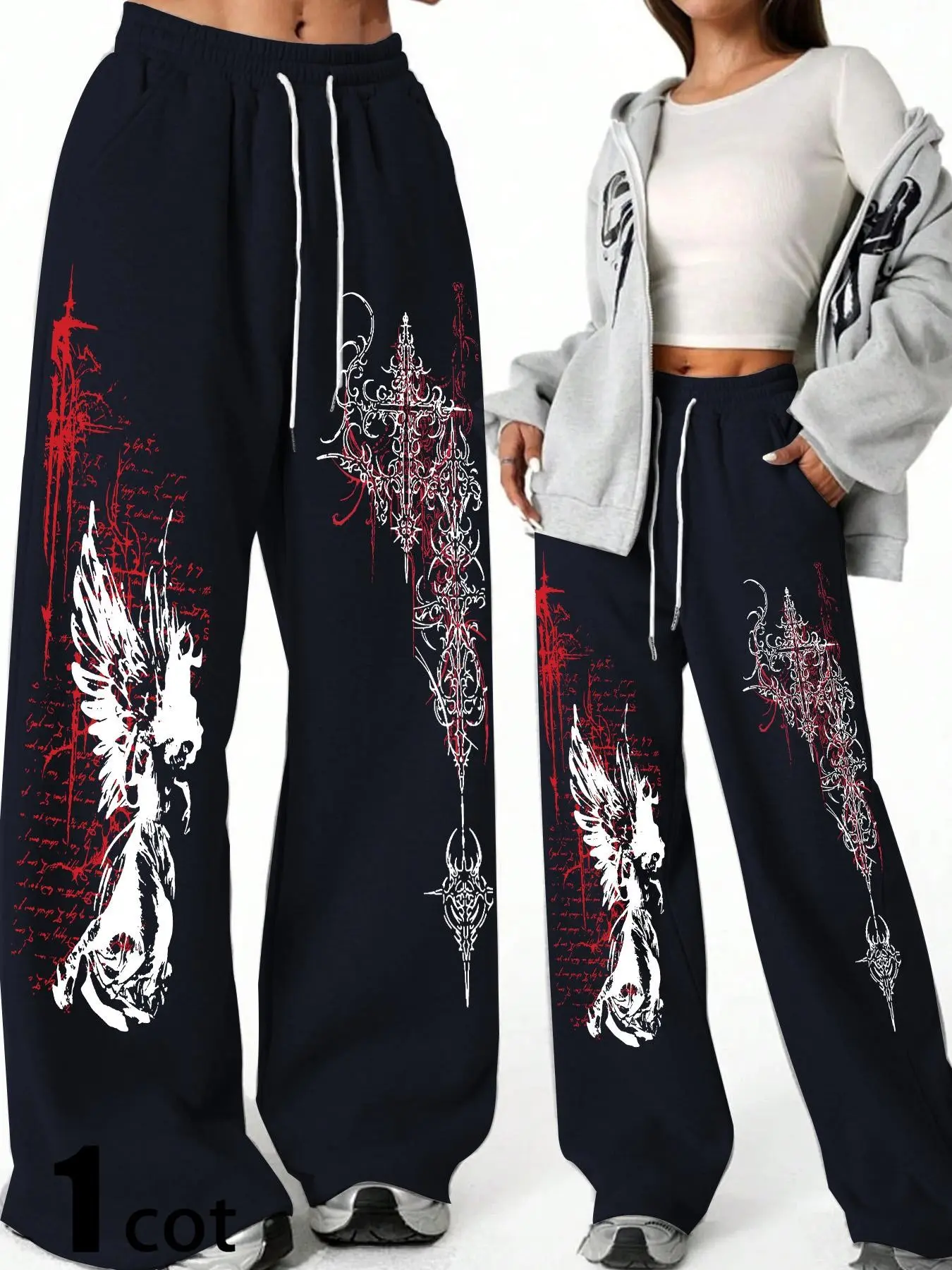 Women's vintage totem pattern straight-leg sweatpants with elastic waistband and drawstring design, loose fit, sporty street style, Y2K style, comfortable and casual, suitable for everyday wear in all seasons.