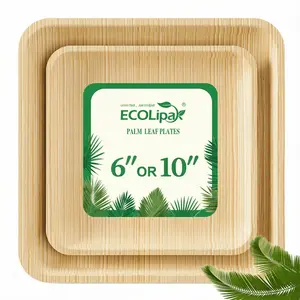 6in/10in 50/100/300pc Square Heavy-Duty Compostable Palm Leaf Plate & Cutlery Sets｜Toxin-Free, Plastic-Free Bamboo Wood Wooden Rustic snack
