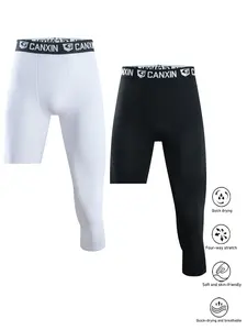 Men's One Leg Compression Pants, Fashion Letter Waistband Quick-Dry Comfortable Shorts for Soccer & Sports, Basketball Base Layer Tight Fit, Sportswear Bottoms