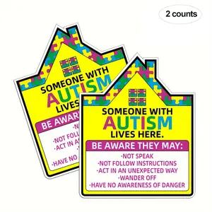 2 Pack, PVC Material Autism Residence Alert Sticker, Assist Autistic Individuals in Emergencies, Suitable for Doors/Windows of Autistic Homes, For Autism Families & Caregivers, Self Adhesive, Durable Adhesive Stickers