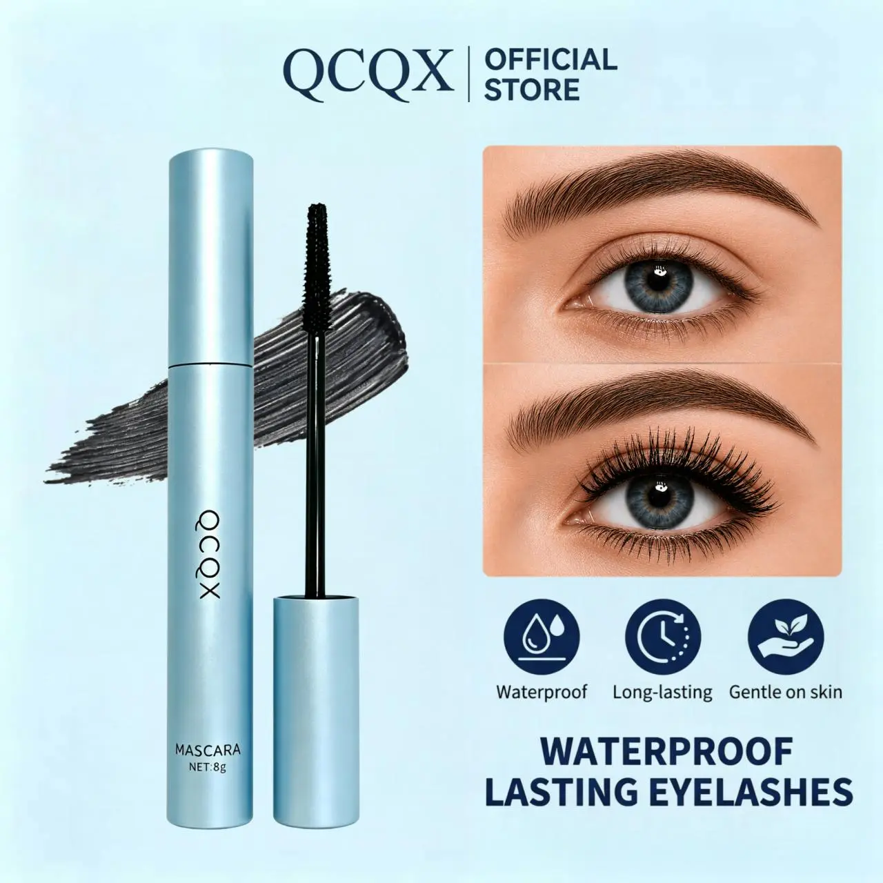 QCQX Waterproof Mascara for Volume and Length, Long-Lasting and Enhancing Eyelash Extension Formula, Hypoallergenic Makeup