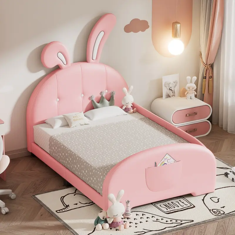 Bellemave Twin Size Rabbit Shape Princess Upholstered Bed - Animal Motif Shaped Bed with Headboard & Footboard, Pink MDF Bedframe, Kids Room Furniture for Girls (SKU: WF-311629-AAH), Princess Bed