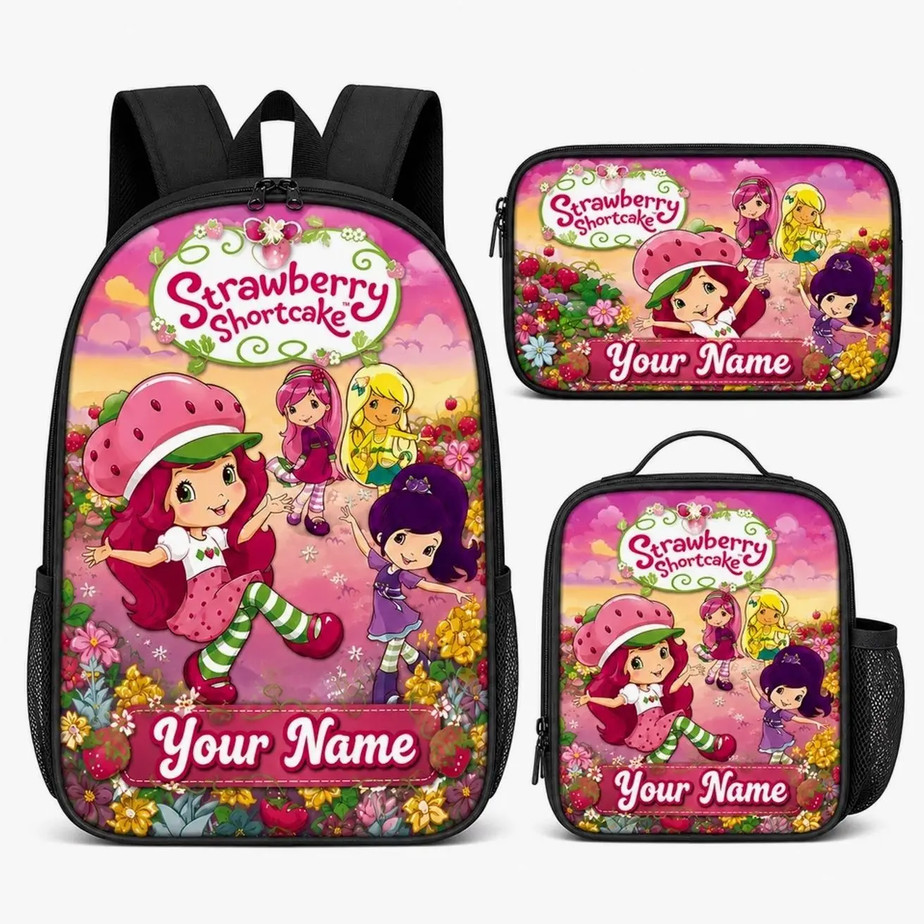 Custom Name Strawberry Girl Backpack Set | Personalized 3Pcs Schoolbag Lunch Bag Pencil Case | Cute Gift for Girls