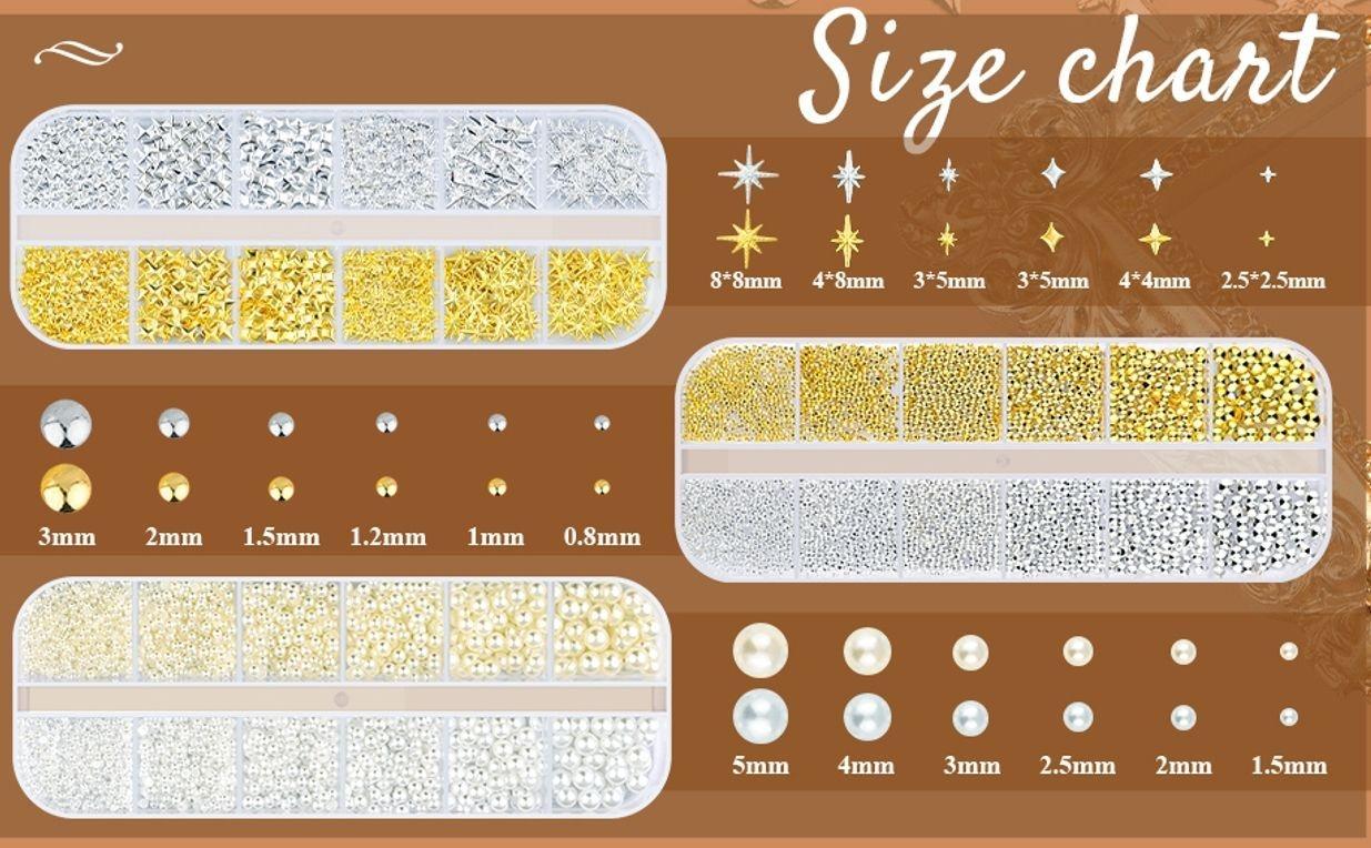 2640Pcs 3D Star Nail Charms, Gold & Silver Multi-Shapes Metallic Nail Art Gems and Small Round Caviar Beads, Craft Jewels Nail Rhinestones Accessories Manicure Decor with Tweezers and Pick-up Pencil