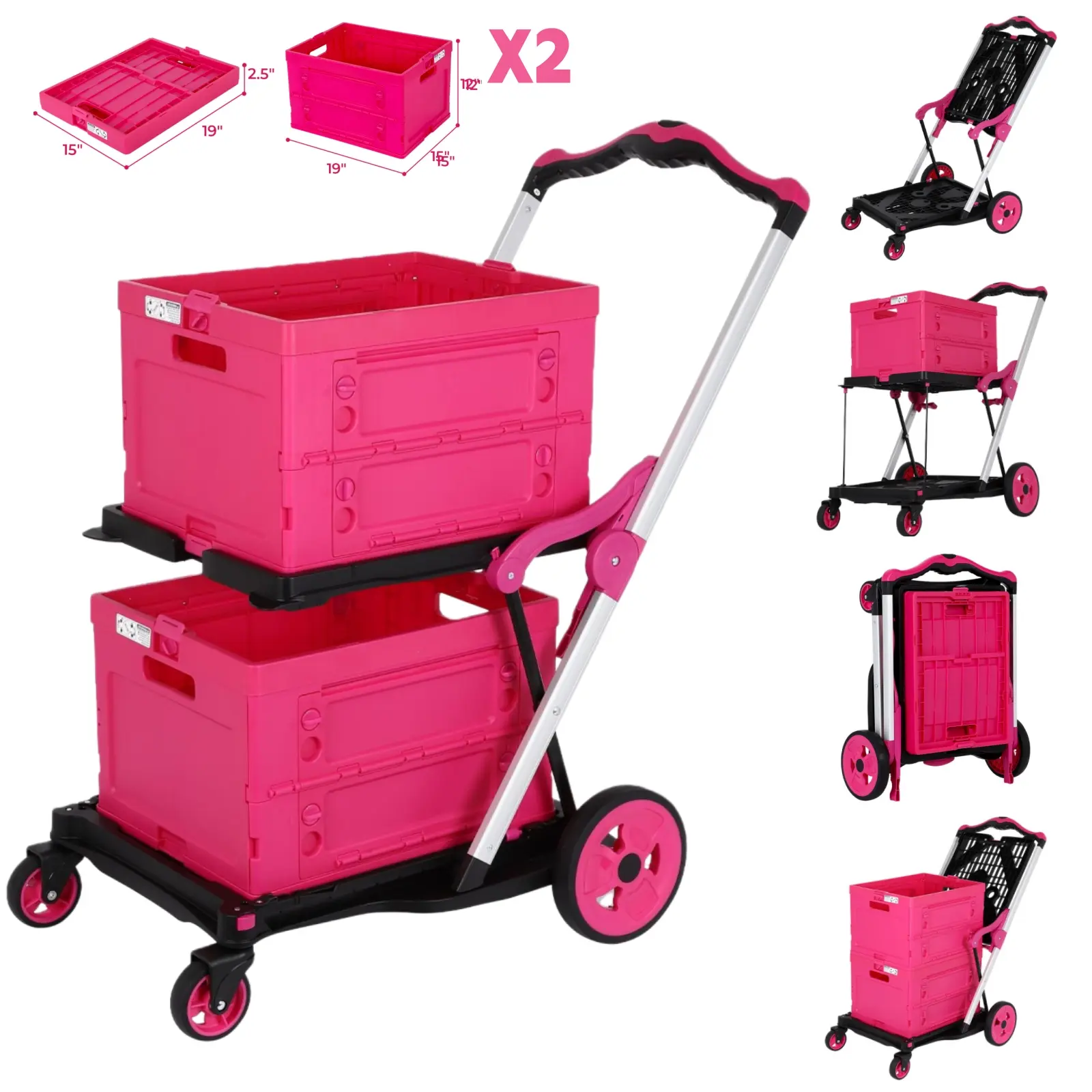 OCPTY 2-Tier Collapsible Shopping Cart with Wheels & Storage Crates, Heavy Duty Folding Grocery Cart with 360° Swivel Wheels for Picnic, Garden & Office & Cosmetic Organizer,Grocery,Warehouse