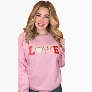 Big Letter Heart Sweatshirt - Crew Neck Long Sleeve Medium Casual Cartoon Winter Top with Valentine's Day Chenille Letters