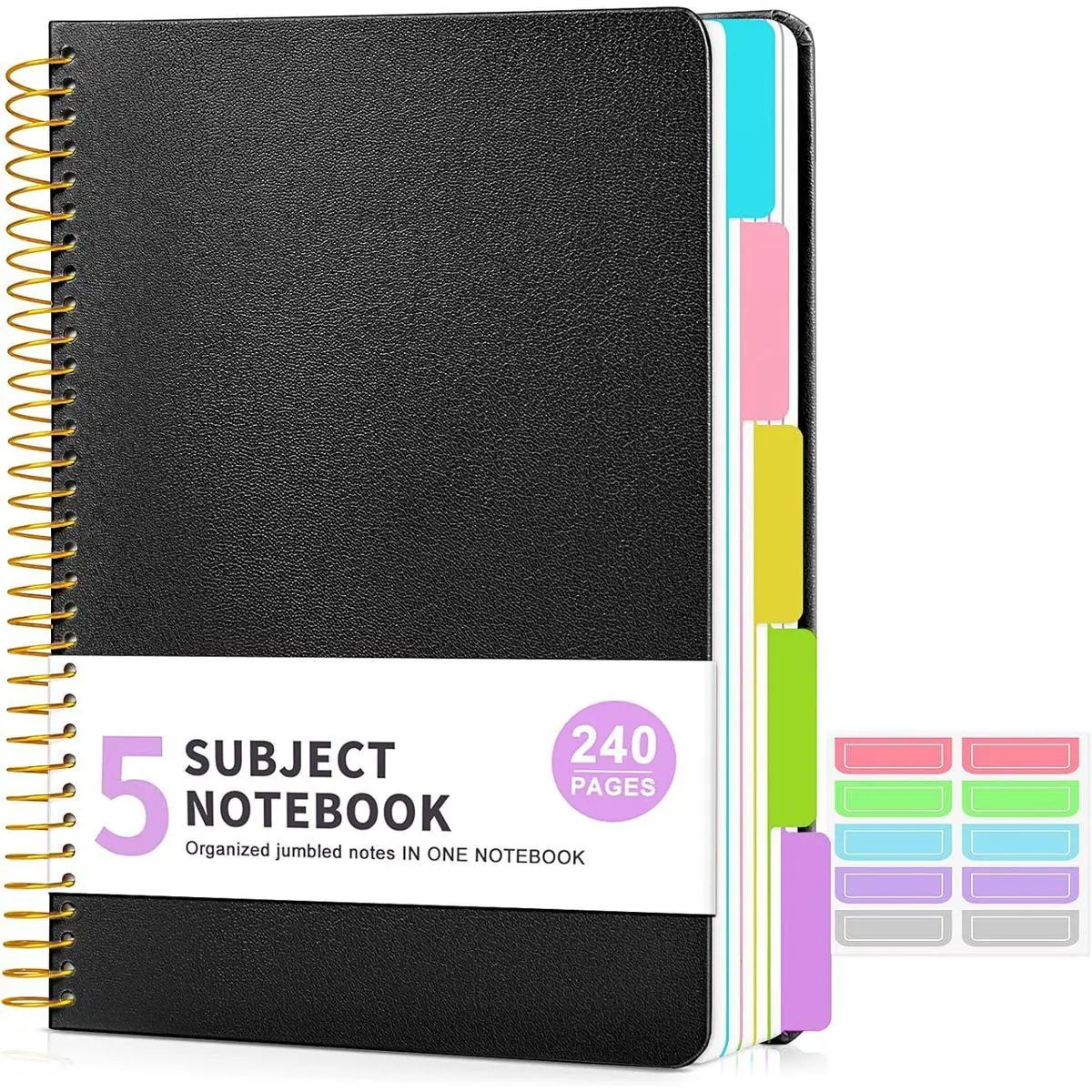 5 Subject Notebook College Ruled with Removable Pocket Dividers Tabs, 240 Pages Spiral Notebook 8.5 x 11, Lined Journal Notebook for Women , Hardcover Notebooks for Work School Note taking A4 Black