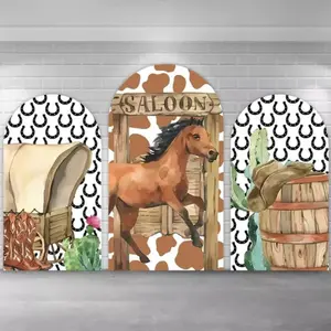 Western Saloon Horse Arch Covers Stretchy Backdrop – Cowboy Wagon & Horseshoe Design, Perfect for Cowboy Birthday & Western Party Photo Backdrop