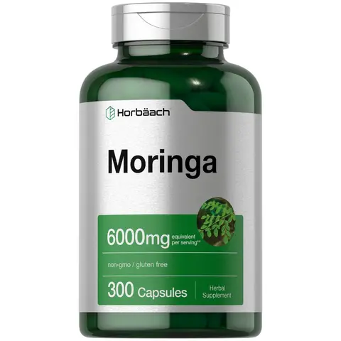 Horbäach Moringa Oleifera | 6000mg | 300 Powder Capsules | Non-GMO and Gluten Free Extract Formula | Complete Green Superfood
