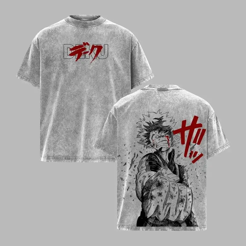 Men's 1 For All Deku T-Shirt - Izuku Midoriya My Hero Academia Vintage Washed Oversized Heavyweight Anime Streetwear Menswear Top for MHA Fans, Tshirt, Shortsleeve, Graphic T Shirts, Vintage Retro, Izuku Print, Premium Cotton