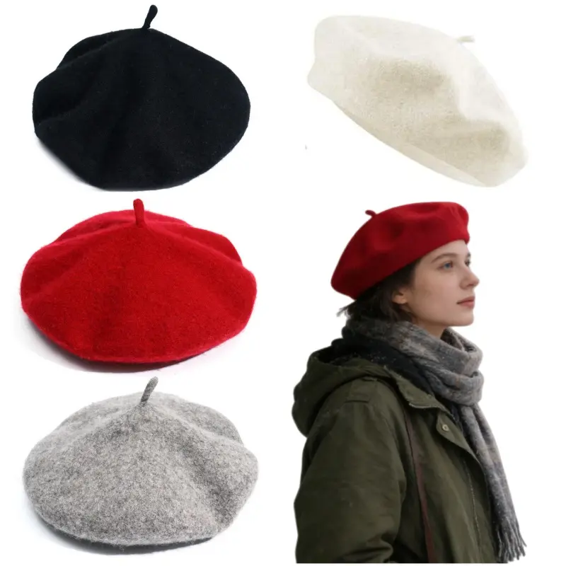 Women’s Fashion 4-Color Cotton Felt Beret Set, Vintage 26cm Hats for Casual-Party Outfits, Autumn-Winter Stylish Accessory, Classic Shape, Soft Texture, Solid Colors, Plain