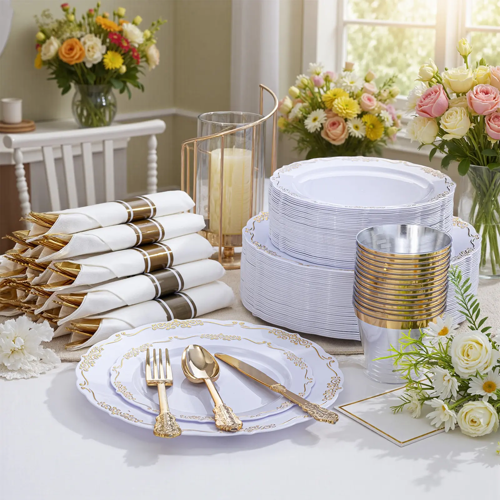 Wellife  Pieces Gold-Plastic includ Dinner Plates,  Dessert Plates,  Per Rolled Napkins with Gold Cutlery,  Cups Party Supplies Decoration