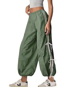 Women's Twist Knot Parachute Cargo Pants - High Elastic Waist, Side Bow Trim, Adjustable Ankle Hem, Suitable for Hiking & Outdoor Activities