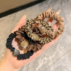 4pcs Water Drill Ball Hair Tie Set, Leopard Print Coffee Color Elastic Hair Bands, Ideal Gift for Holidays and Birthdays, Sparkling Detail