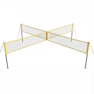 Portable 4 Square Volleyball Net Set, 14FT Adjustable Outdoor Volleyball Training Equipment for Backyard, Beach or Lawn, Includes Ball, Pump, Hammer & Bag – Family Game Kit
