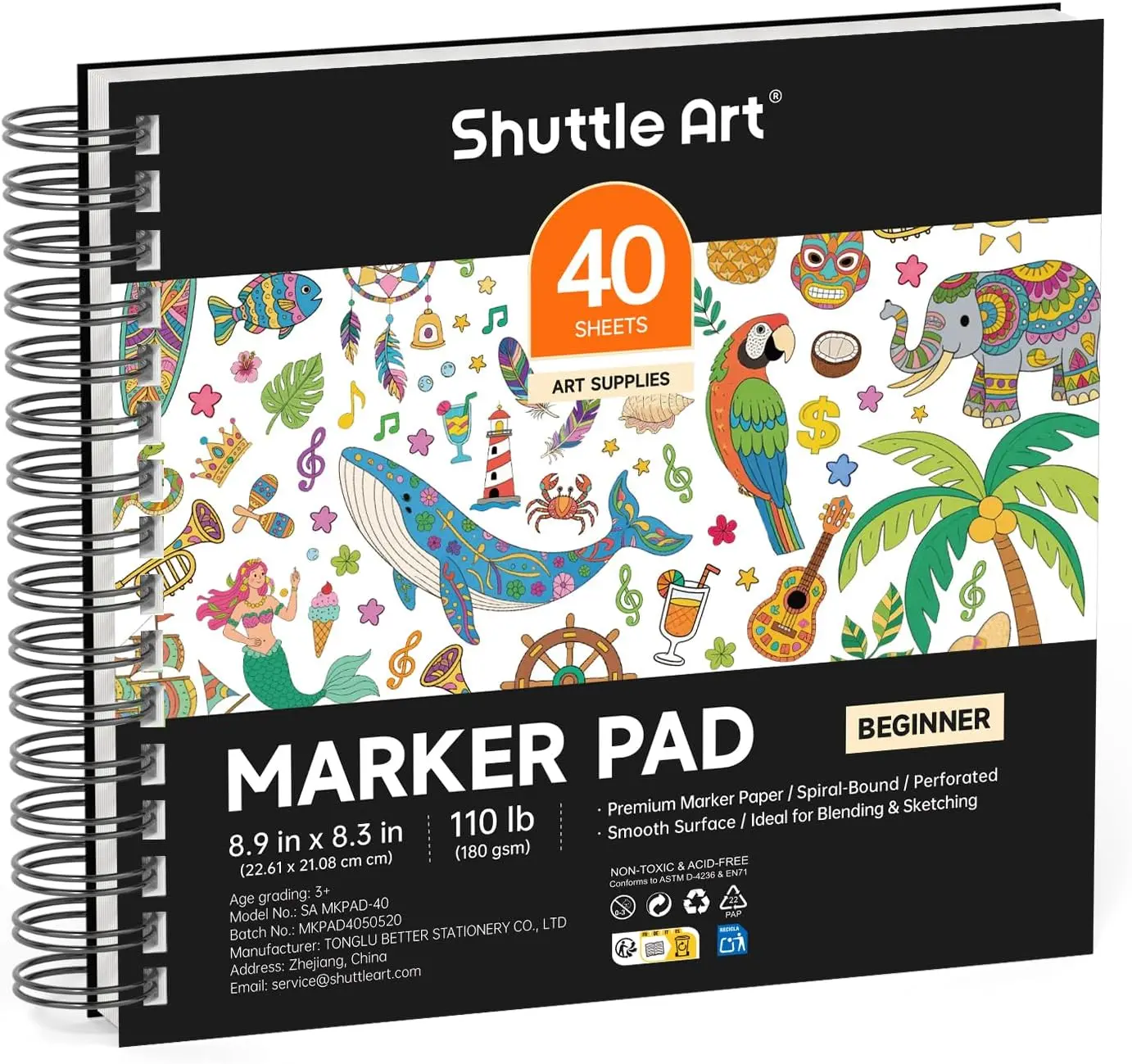 Shuttle Art Marker Pad, Portable Sketchbook, 40/70 Sheets Marker Drawing Paper, 110LB/180GSM Smooth Surface Bleedproof Art Paper, Spiral-Bound, Great for Beginners to Draw, Paint & Sketch,Additional Transparent Sheet