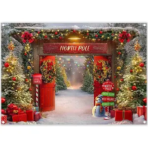 7x5ft Fabric Christmas Backdrop Winter Forest Wooden Barn Door North Pole Snowy Xmas Tree Photography Background Family Holiday Party Decor Photo Props