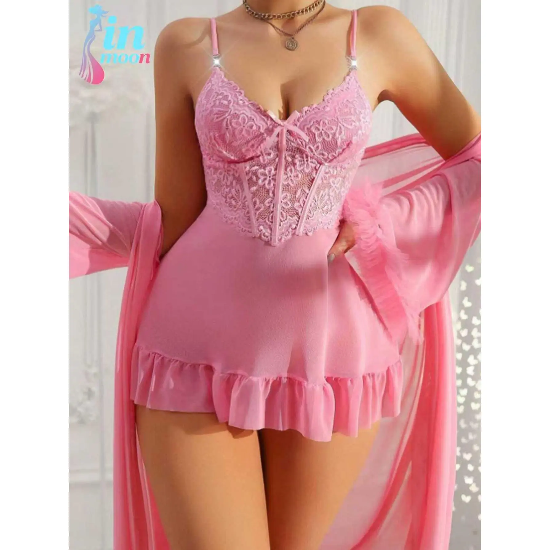 Women's Sheer Lace Babydoll & Kimono Robe Set - Contrast Lace, Sheer, Loungewear, Multi-Size Nightdresses, Valentine's Gift, Date Night Sleepwear, Contrast Lace Nightdresses
