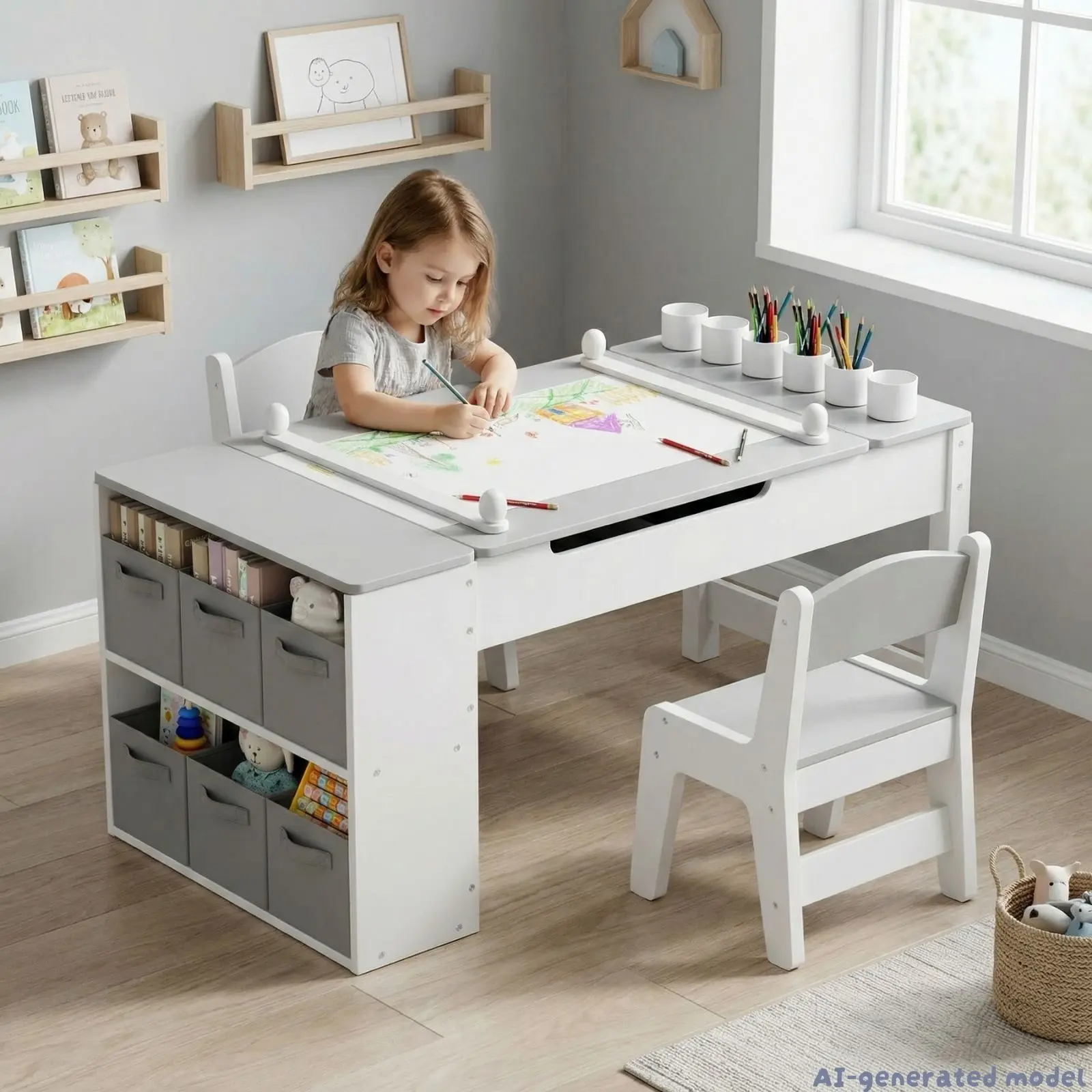 【Back To School】MAMIZO Kids Art Table & Chairs Set with Removable Tabletop Storage, Toddler Painting Table and Chair Set Convertible Play Desk 6 Paint Cups & Storage Bins & Paper Roll for Kids Drawing Studying Playing child multi-activity mesa montessori