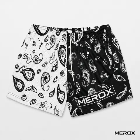 MEROX Unisex Black & White Bandana 5-Inch Mesh Men's Sports Shorts - Breathable High Performance, Sporty, Technical Mesh Unisex Clothes with Zipper Pockets for Gym, Running, Streetwear