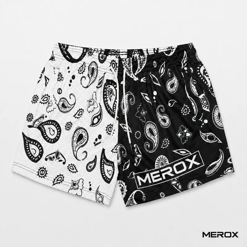 MEROX Unisex Black & White Bandana 5-Inch Mesh Men's Sports Shorts - Breathable High Performance, Sporty, Technical Mesh Unisex Clothes with Zipper Pockets for Gym, Running, Streetwear