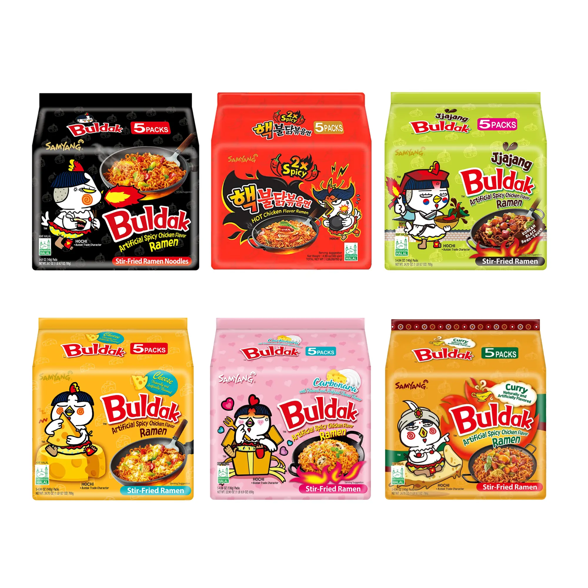 Samyang Buldak Instant Ramen Variety Pack - 5 Packs of 6 Traditional Korean Hot Chicken Flavors (Original, 2X Spicy, Carbonara, Cheese, Jjajang, Curry) - Bagged Ambient Packaged Savory Instant Noodle, Quick-Prep Pantry Staple for Spicy Food Lovers, Instan