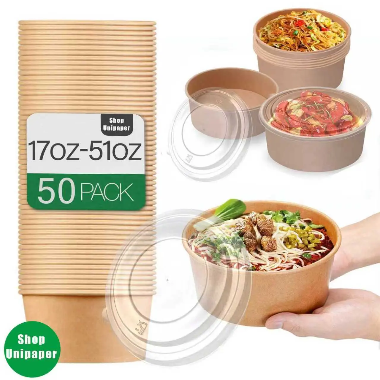 Unipaper 50-Sets Large Paper Bowls with Lids Heavy Duty Disposable Soup Serving Bowls Bulk Party Supplies for Hot Cold Food Soup