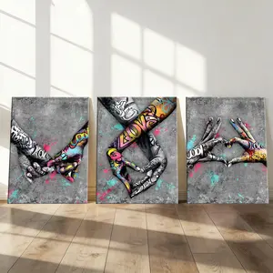 3-Piece Wood Frame Canvas Art, Graffiti Heart Gesture Trio, Romantic Home Decor, Modern Living Room Wall Art, Print, Waterproof, Bedroom, Office, Hallway