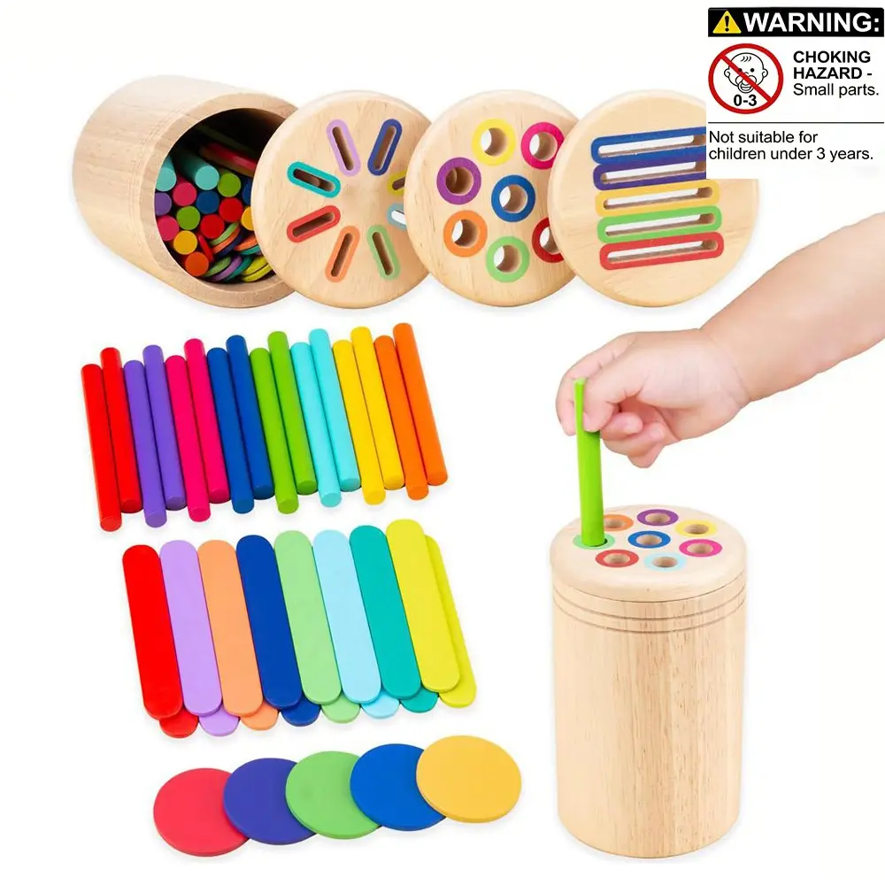 Wooden Color Classification Cup Toy, 1 Box 3 in 1 Round Rod & Circle & Ice Cream Stick Design Color Recognition Toy, Hand-eye Coordination Teaching Aid, Learning Materials, Multi Activity Playset, Preschool Learning Tool