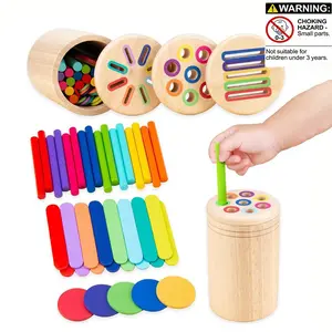 Wooden Color Classification Cup Toy, 1 Box 3 in 1 Round Rod & Circle & Ice Cream Stick Design Color Recognition Toy, Hand-eye Coordination Teaching Aid, Learning Materials, Multi Activity Playset