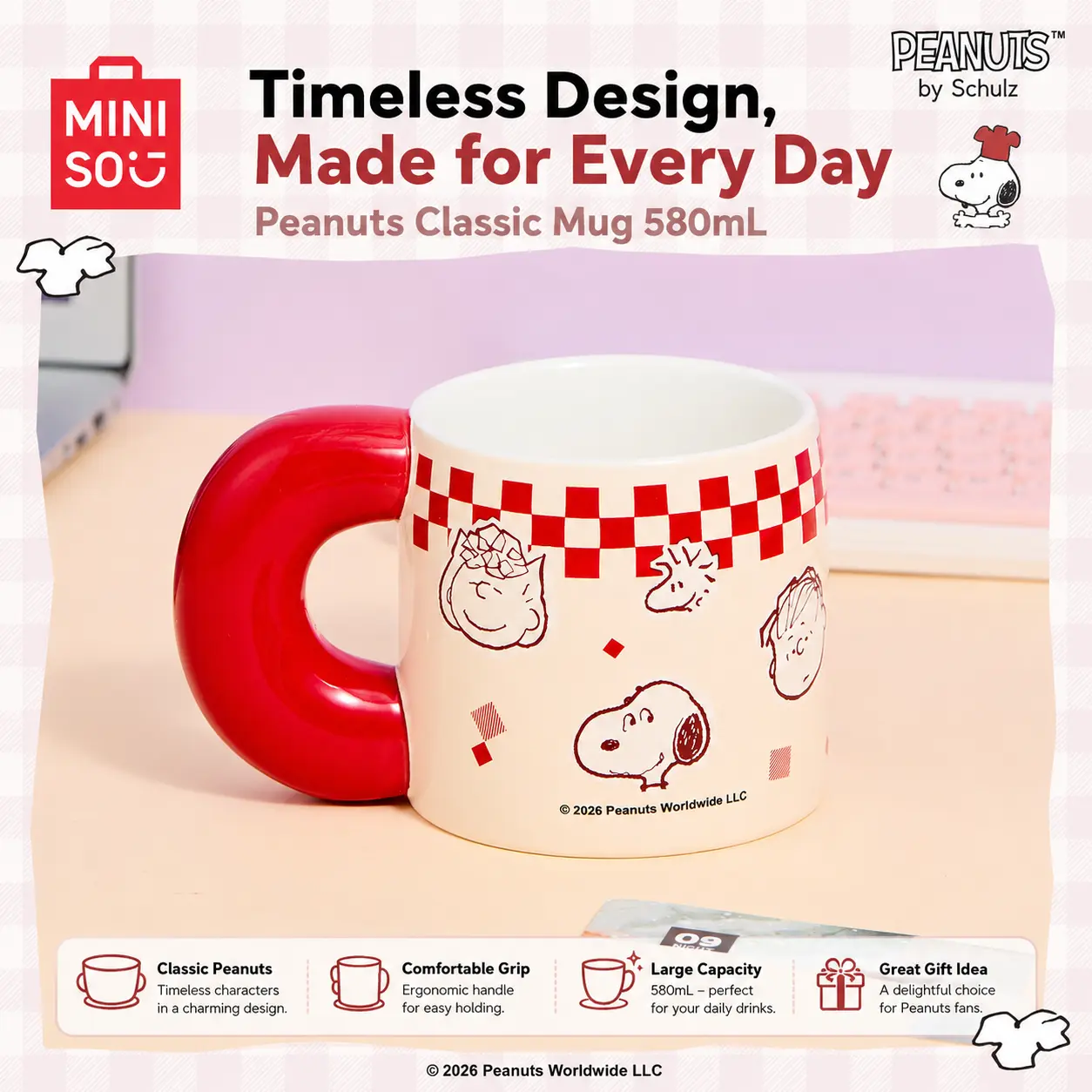 MINISO x Snoopy 580mL/19.61oz Ceramic Mug with Handle | Large Coffee & Tea Cup for Home, Office, Breakfast & Everyday Use