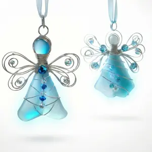 2Pcs Handmade Sea Glass Angel Ornament、Coastal Christmas & Valentine’s Day Tree Decor、Beach-Inspired Holiday Gift Pendan
