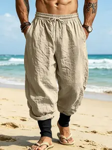 Men's Casual Linen Pants, Trendy Vacation Commute, Breathable Colorblock Cuffed Jogger Long Pants, Comfortable and Stylish