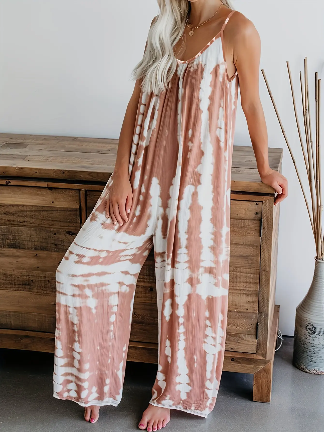 Boho Tie Dye Print Cami Jumpsuit, V Neck Loose Casual Jumpsuit For Spring & Summer, Women's Clothing