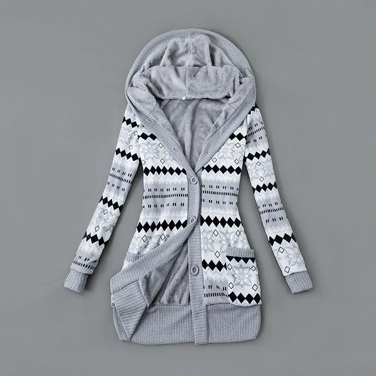 Women's Y2K Geometric Knit Cardigan with Hood Fleece Lined Long Sleeve Button Sweater Coat Pockets Trendy Fall Winter Warm Outerwear Colorblock Shoulder Casual Chic Everyday Knitwear Womenswear Hoodie Sweatshirts Tops Fitted Grey Piece