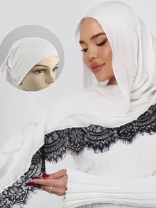 Muslim Headscarf Hijab Set with Hat, Lace Trim Decoration, Soft Breathable Fabric, Daily Wear, Prayer Use, Multiple Colors Available