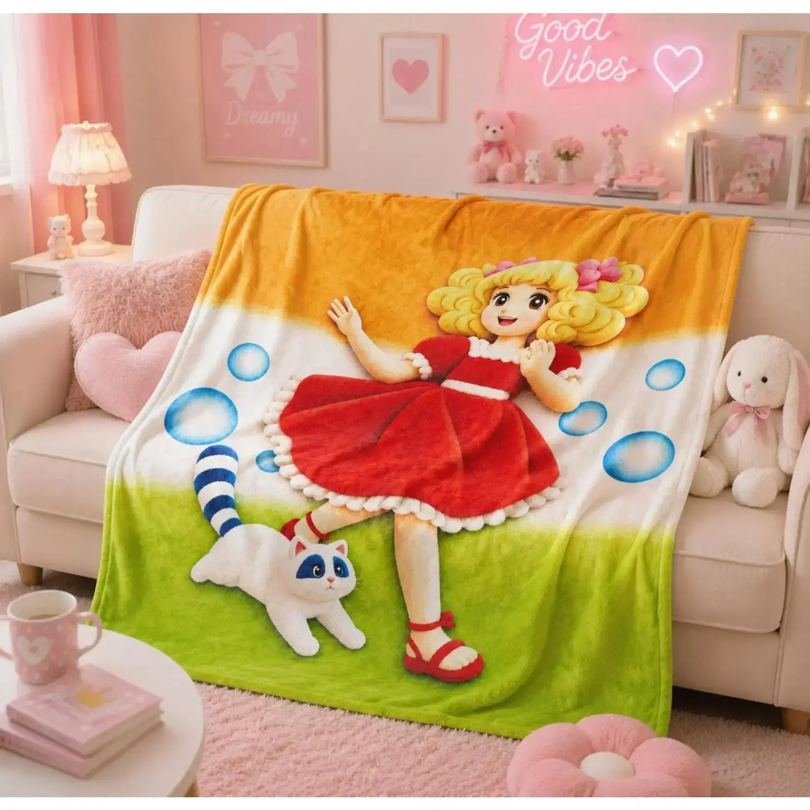 Anti-Pilling Gradient Orange-Green Bubble Flannel Throw Blanket, Cartoon Print with Colorful Blonde Girl & Striped Cat, Soft Warm Kids' Bedding/Sofa Decor, Ideal Birthday Holiday Gift